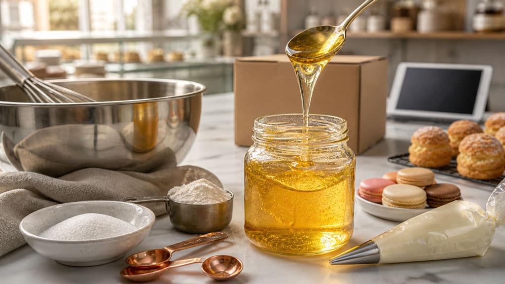 Pot de sucre inverti doré avec cuillère, ustensiles de pâtisserie, macarons et boîte de livraison en arrière-plan